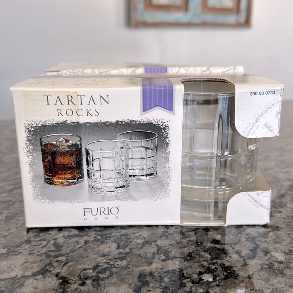 Furio Home vintage Tartan Rocks glasses NIB 10.5 ounces